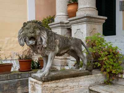 ...fiancheggiata da una coppia di leoni in pietra